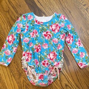 SweetHoney Blue Floral Bodysuit with Pink Trim